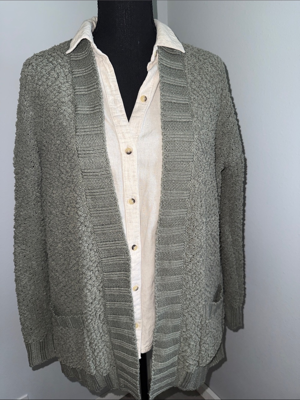 Cozy Textured Open Cardigan in Sage Green - Picture 2 of 7